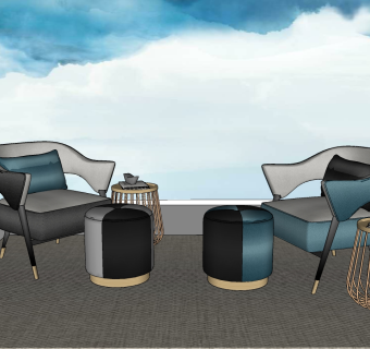 45现代轻奢布艺沙发椅组合 单椅 单人椅 单人沙发  脚凳 脚踏su草图模型下载