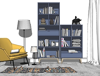 47现代单椅书柜装饰柜组合 单人休闲沙发椅su草图模型下载
