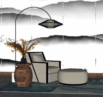 49新中式休闲沙发脚凳组合 沙发脚凳组合 新中式单人沙发 中式沙发椅 陶罐su草图模型下载