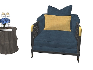 51新中式蓝色沙发圆几摆件组合 单人沙发 中式单人椅 中式单人沙发 花卉 蜡烛 摆件su草图模型下载
