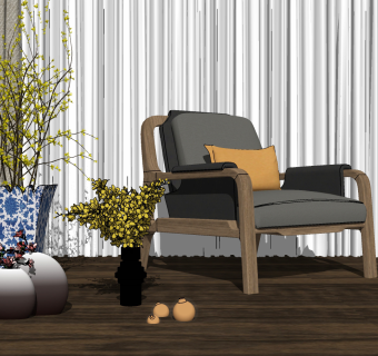 85新中式单人沙发休闲椅摆件组合 单人沙发 中式单人椅 中式单人沙发su草图模型下载