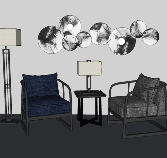 98新中式休闲沙发椅组合 新中式单人沙发  休闲椅 角几 边几 落地灯 台灯 墙饰su草图模型下载