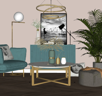 103现代轻奢沙发边柜组合 轻奢单人沙发  轻奢休闲椅  轻奢休闲沙发茶几盆栽su草图模型下载