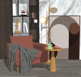 114现代单人休闲沙发 休闲椅 休闲沙发 单人椅 吊灯 角几圆几su草图模型下载