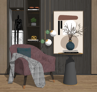 124现代单人休闲沙发 休闲椅 休闲沙发 单人椅 吊灯 角几圆几su草图模型下载