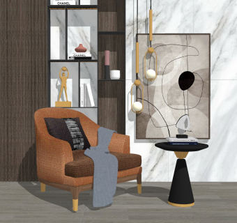 127现代单人休闲沙发 休闲椅 休闲沙发 单人椅 吊灯 角几圆几su草图模型下载