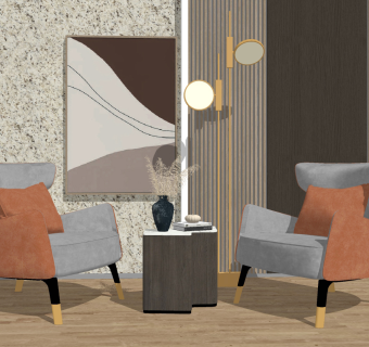 130现代单人休闲沙发 休闲椅 休闲沙发 单人椅 吊灯 角几圆几su草图模型下载