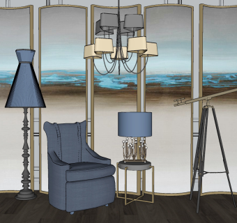 137现代单人沙发屏风 休闲椅 休闲沙发 单人椅 落地灯 吊灯 边几 地毯su草图模型下载