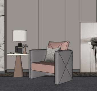 138现代轻奢单人沙发 桌子台灯组合 轻奢单人椅 轻奢休闲椅 轻奢休闲沙发茶几盆栽su草图模型下载