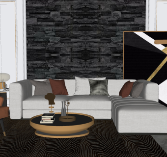 01现代风格多人沙发  现代转角沙发茶几组合 摆件组合 摆件 装饰画su草图模型下载