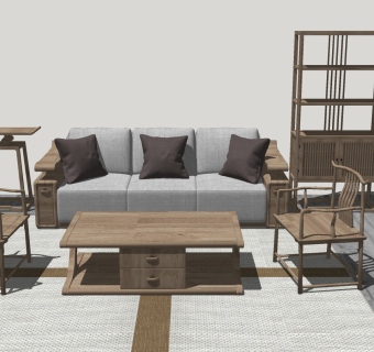 17新中式多人沙发 茶几柜子组合  现代布艺沙发 三人沙发su草图模型下载