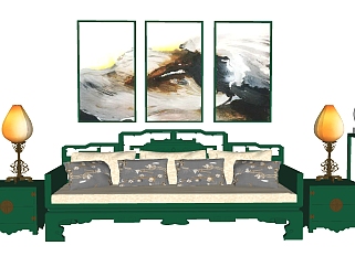 33中式实木雕花沙发座椅组合  罗汉床 床榻 卧榻 中式沙发su草图模型下载