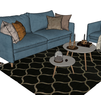 38现代布艺沙发茶几书籍组合 蜡烛 现代简约多人沙发su草图模型下载