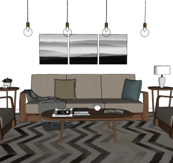 39现代布艺沙发茶几装饰画组合 吊灯 多肉 茶具su草图模型下载