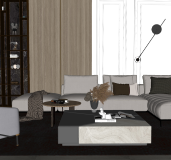 40现代多人转角沙发 单人沙发 书柜 壁灯su草图模型下载