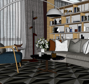 66现代轻奢多人沙发 单椅 书柜组合 现代多人休闲沙发 休闲椅 书柜 落地灯 摆件 花卉 茶几 边几su草图模型下载