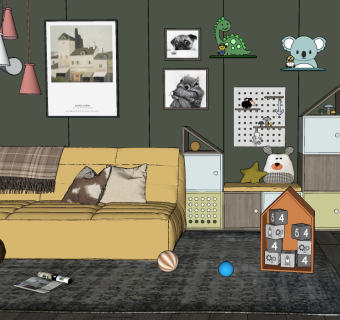 77北欧儿童沙发  儿童双人沙发 现代风格布艺沙发 儿童玩具柜su草图模型下载