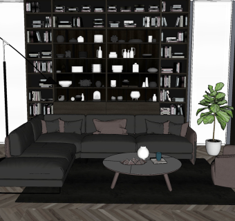 78现代皮革 转角 多人沙发 布艺沙发 单人沙发 休闲沙发 茶几 吊灯 绿植  书柜组合  书架 摆件 落地灯su草图模型下载