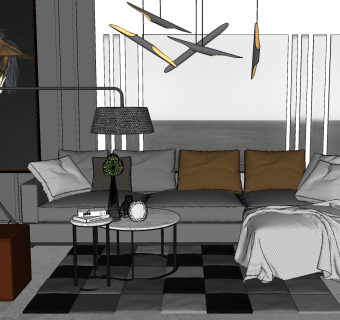 79现代皮革 转角 多人沙发 布艺沙发 单人沙发 休闲沙发 茶几 吊灯 绿植su草图模型下载