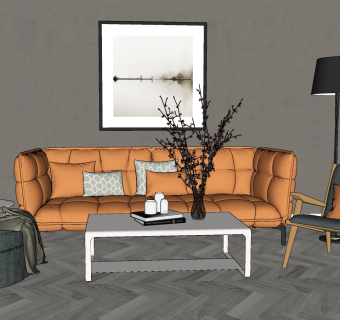 86现代布艺沙发 休闲椅 茶几 落地灯 摆件组合 花卉 单人椅su草图模型下载