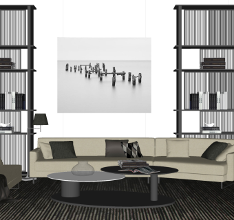 93现代休闲转角 多人沙发 布艺沙发 单人沙发 休闲沙发 茶几 吊灯 绿植  书柜组合  书架 摆件 落地灯su草图模型下载