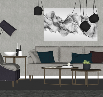 95现代休闲布艺沙发 休闲单人沙发 单椅 吊灯 三人沙发su草图模型下载