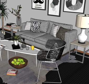 100北欧布艺沙发茶几组合 休闲椅 茶几 布艺三人沙发 单人沙发 单椅 铁艺休闲椅 吊灯 绿植 苹果su草图模型下载
