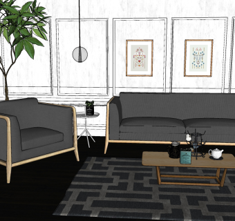 101北欧布艺沙发茶几组合 休闲椅 茶几 布艺三人沙发 单人沙发 单椅  绿植su草图模型下载