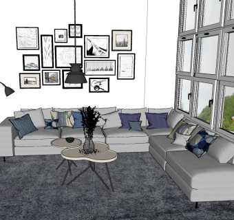 105现代布艺转角多人沙发  现代风格多人沙发_ 现代布艺休闲沙发 双人沙发组合 现代三人沙发   装饰画组合 落地灯su草图模型下载