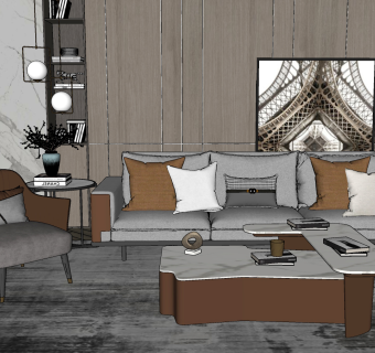 107现代多人沙发 茶几组合 布艺沙发 单人沙发 单椅 背景墙  三人沙发  花卉 摆件su草图模型下载