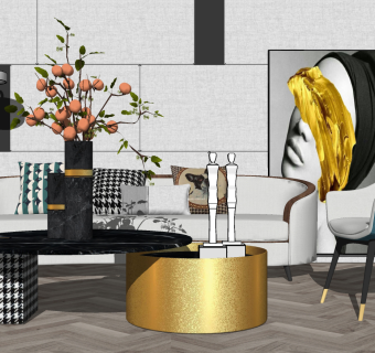 112现代轻奢新中式双人沙发 轻奢单人沙发 单椅 新中式家具组合 新中式多人布艺沙发 摆件su草图模型下载