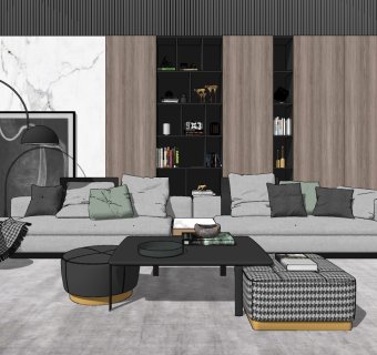 113现代简约休闲多人沙发 茶几组合 布艺沙发 单人沙发 单椅 背景墙  三人沙发su草图模型下载