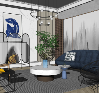 120现代新中式极简写意空间沙发客厅su草图模型下载