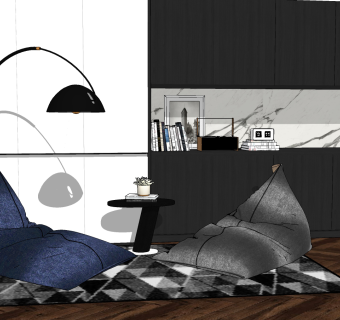 01现代风格懒人沙发 休闲躺椅 懒人沙发茶几组合 落地灯 书柜su草图模型下载