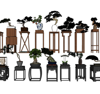 实木花架边几盆栽组合 景观  su草图模型下载