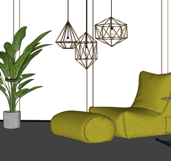 46现代风格懒人沙发 现代单人休闲沙发 懒人躺椅 _吊灯_盆栽su草图模型下载