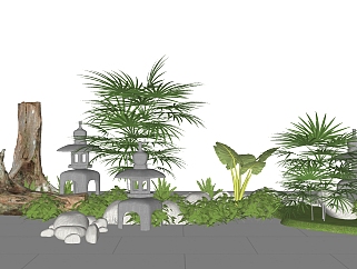 日式景观植物 装饰植物 摆件 <em>芭蕉</em>庭院石灯su草图模型...