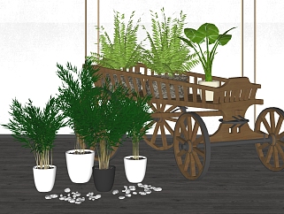 景观植物 木质花车花架组合 盆栽装饰植物su草图模型下载