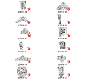 16欧式建筑构件_雕花_罗马柱_石膏线_圆盘_角线_柱子_柱头_柱脚su草图模型下载