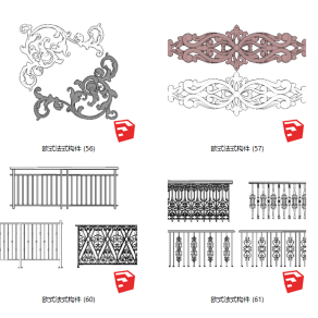 39欧式风格欧式构件_石膏线_柱子_栏杆 欧式铁艺栏杆 欧式角线 空调su草图模型下载