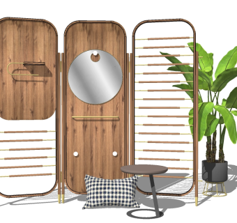 04现代实木隔断屏风 新中式镂空屏风 隔断 镜子 挂衣架 置物架su草图模型下载