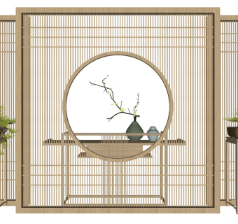22新中式禅意隔断盆景 新中式木隔断 木格栅 新中式屏风隔断su草图模型下载