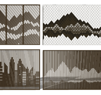 27新中式屏风隔断背景墙 新中式花格假山屏风隔断 新中式格栅 镂空隔断 现代隔断屏风 木纹格栅 山型隔断su草图模型下载