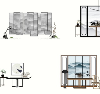 28屏风案台 新中式隔断_屏风_案台_装饰画_桌子_盆栽组合su草图模型下载