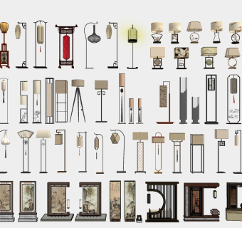 新中式古典台灯落地灯 景观地灯 中式落地灯宫灯su草图模型下载