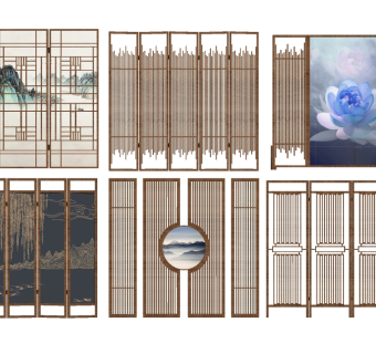 33新中式禅意屏风隔断  屏风隔断组合  山水画屏风 木格栅su草图模型下载