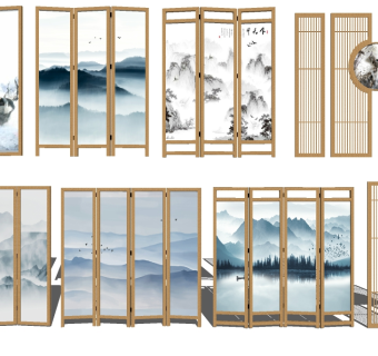 35新中式禅意屏风隔断  屏风隔断组合  山水画屏风 木格栅su草图模型下载