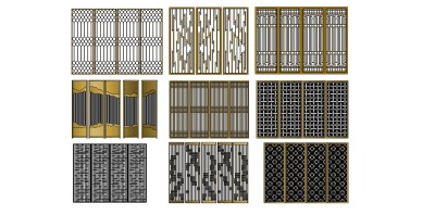 36新中式禅意屏风隔断  屏风隔断组合  山水画屏风 木格栅su草图模型下载