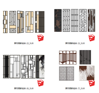 37新中式禅意屏风隔断  屏风隔断组合  山水画屏风 木格栅 办公室玻璃隔断su草图模型下载