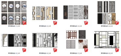 37新中式禅意屏风隔断  屏风隔断组合  山水画屏风 木格栅 办公室玻璃隔断su草图模型下载